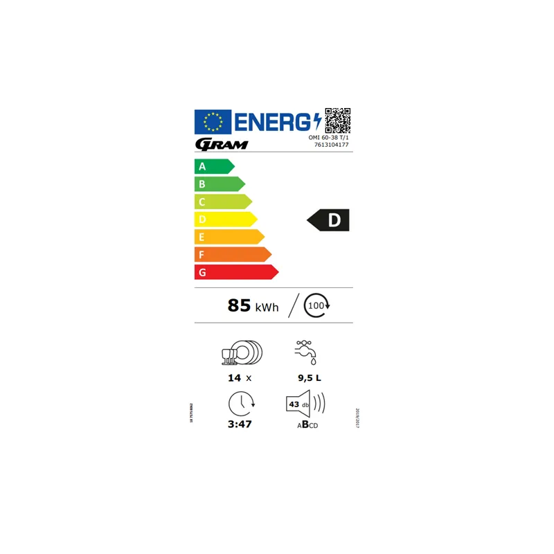 Gram OMI60-38 T/1 – Integrerbar Opvaskemaskine 60 Cm